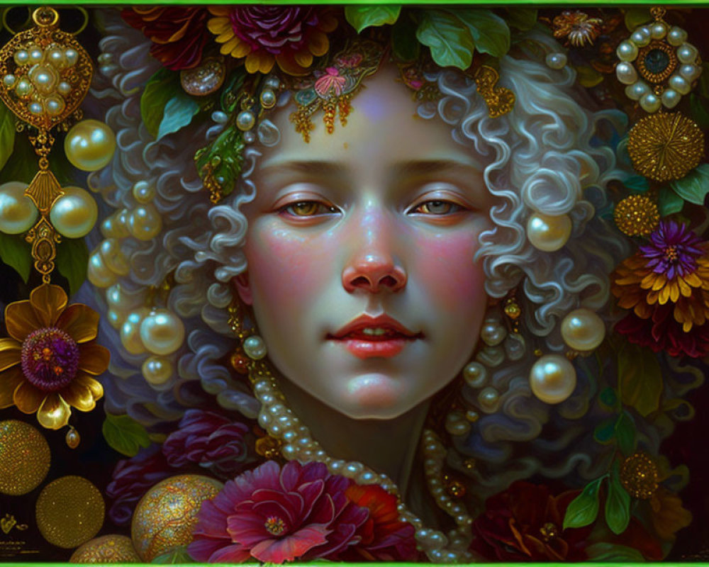 Vibrant portrait of girl with curly hair and floral adornments