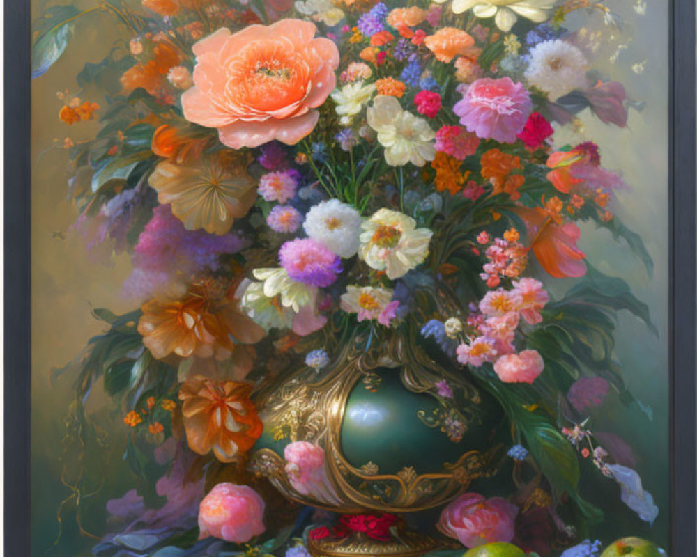 Colorful Flower Bouquet in Ornate Vase on Muted Background