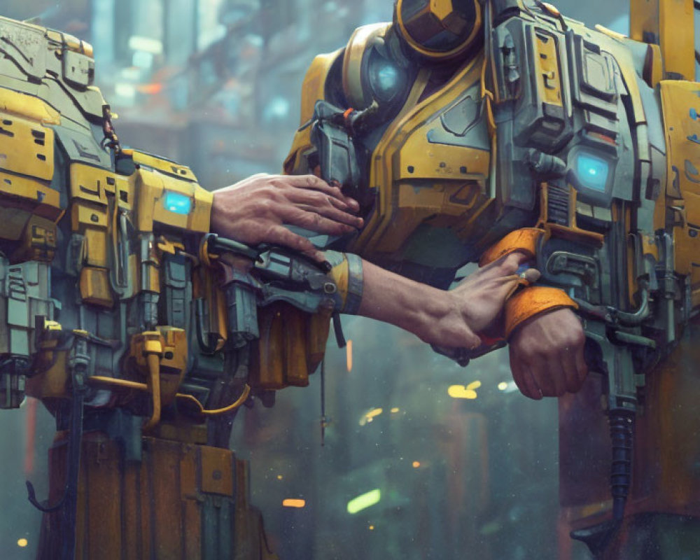 Giant yellow robot's finger touched by human hand in futuristic city