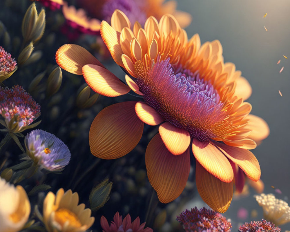 Vibrant orange gerbera surrounded by blooming flowers in golden sunlight