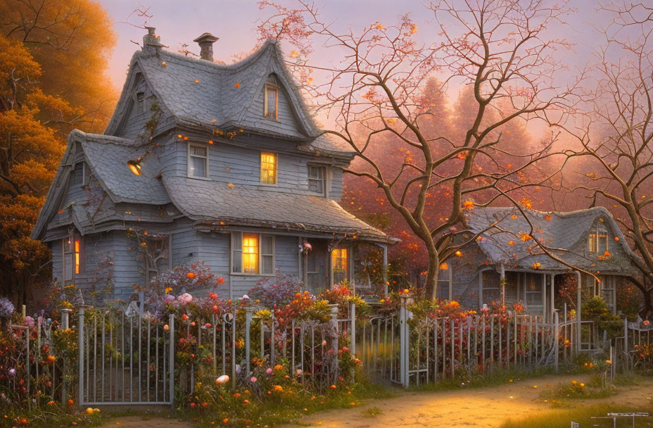 Victorian house in autumn setting with warm glow and picket fence.