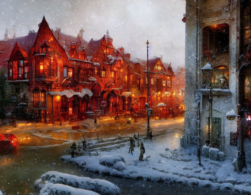 Snow-covered streets and quaint buildings in a winter scene with warm lighting.