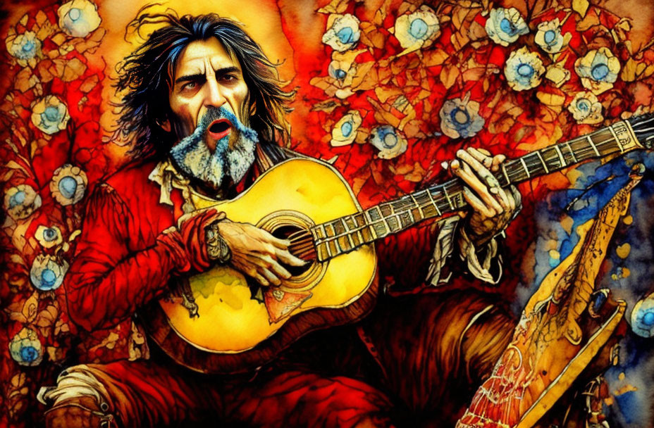 Bearded man playing guitar surrounded by red and blue flowers