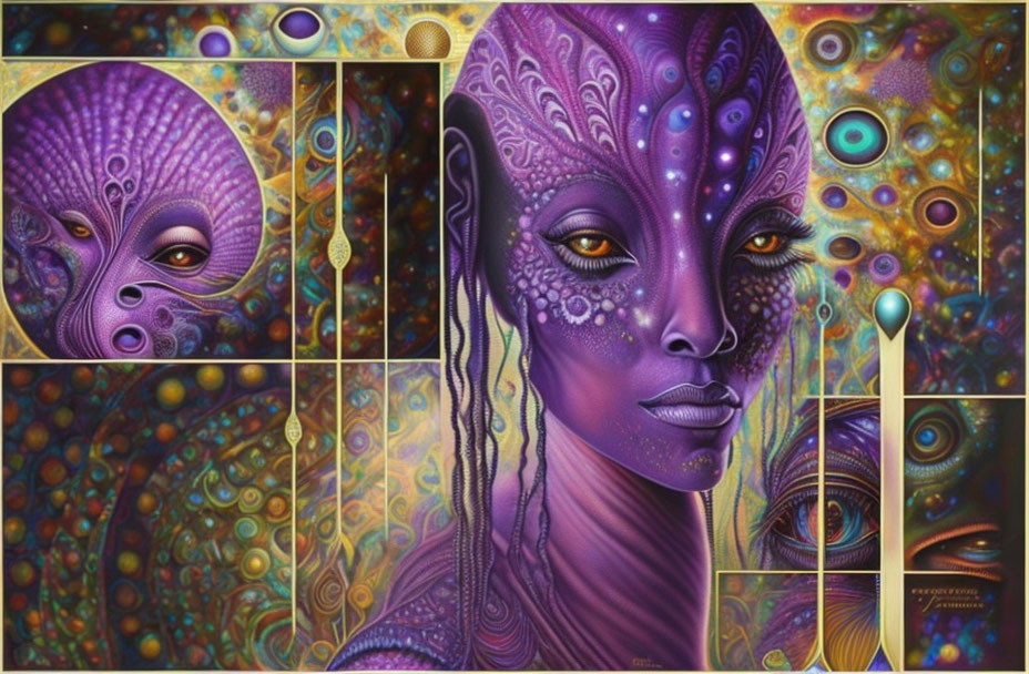 Colorful digital artwork of stylized purple alien female face with cosmic panels