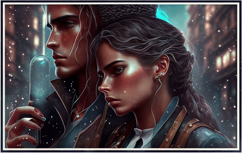 Stylized man and woman with glowing bulb in fantasy setting