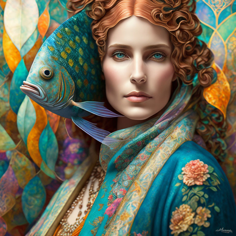 Vibrant surreal portrait: woman with red curly hair and fish blending into head