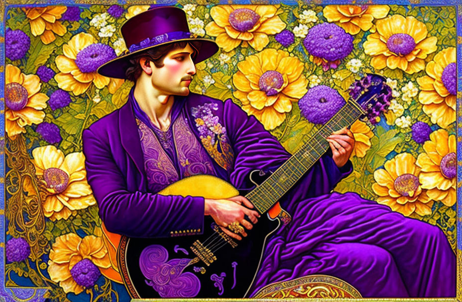 Purple Outfit and Hat Person Playing Lute in Floral Setting