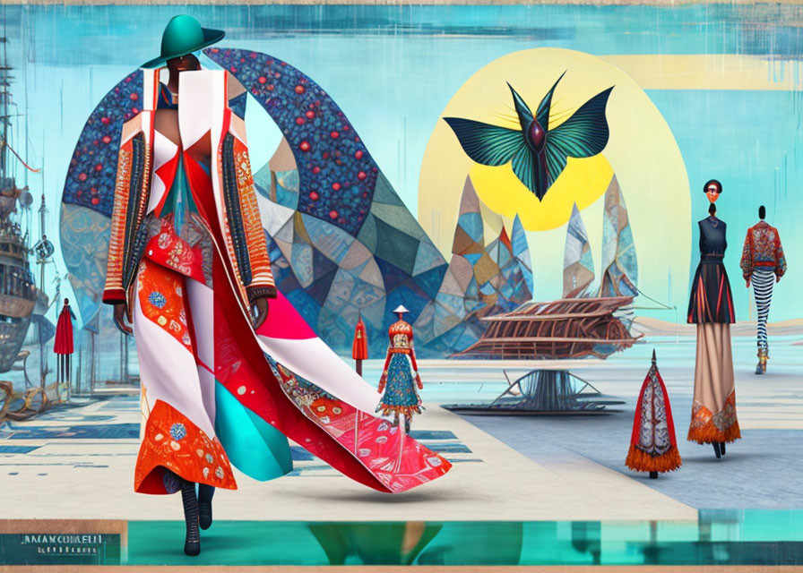 Colorful Avant-Garde Artwork with Female Figures and Butterfly