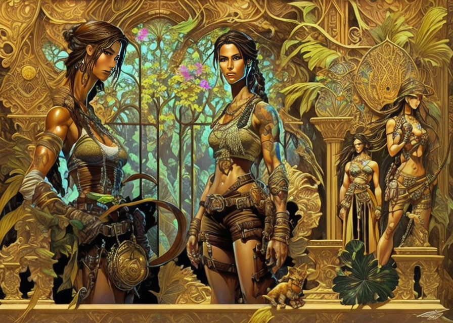 Stylized warrior women in ornate armor against lush jungle backdrop