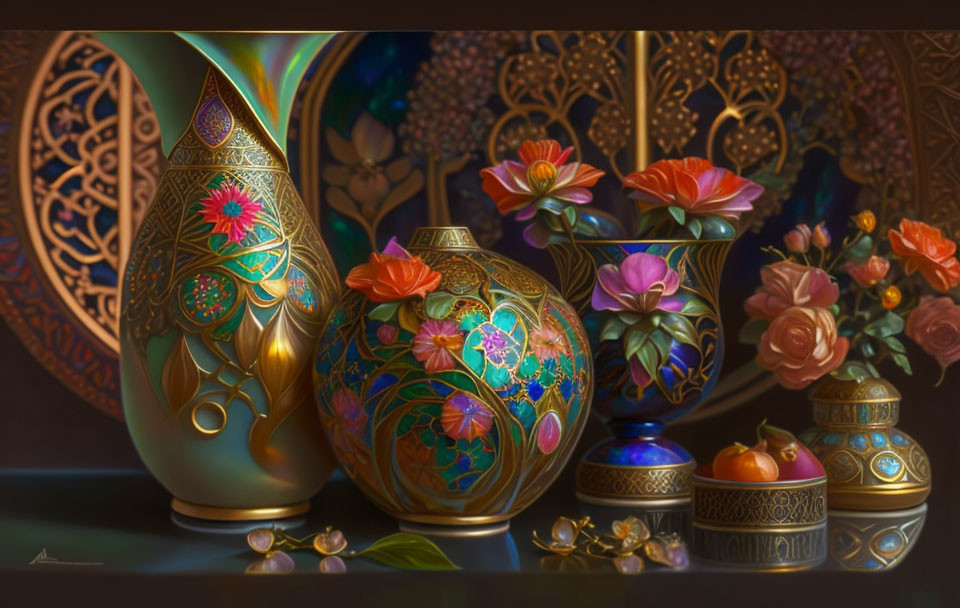 Detailed Still Life with Vibrant Flowers, Ornate Vases & Gold Accents