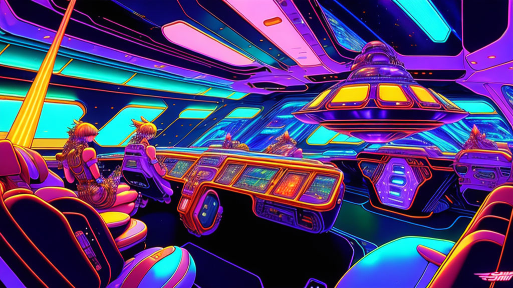 Neon-lit spaceship cockpit with characters observing UFO in starry cosmos