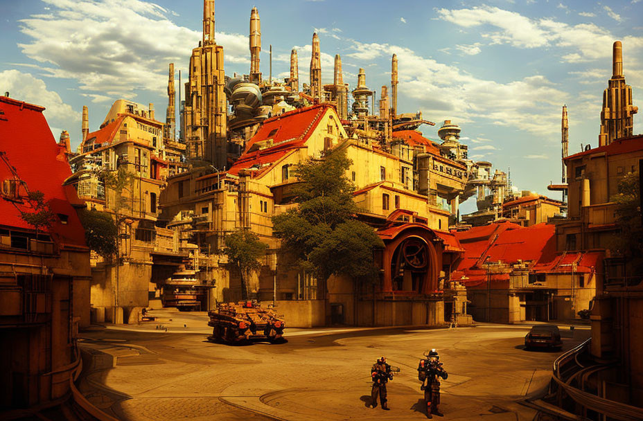 Industrial cityscape with factories, buildings, vehicles, and armored figures under clear sky