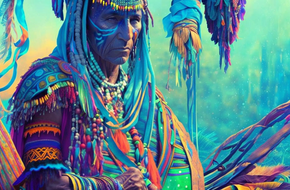 Colorful Native American elder in traditional attire against starry backdrop