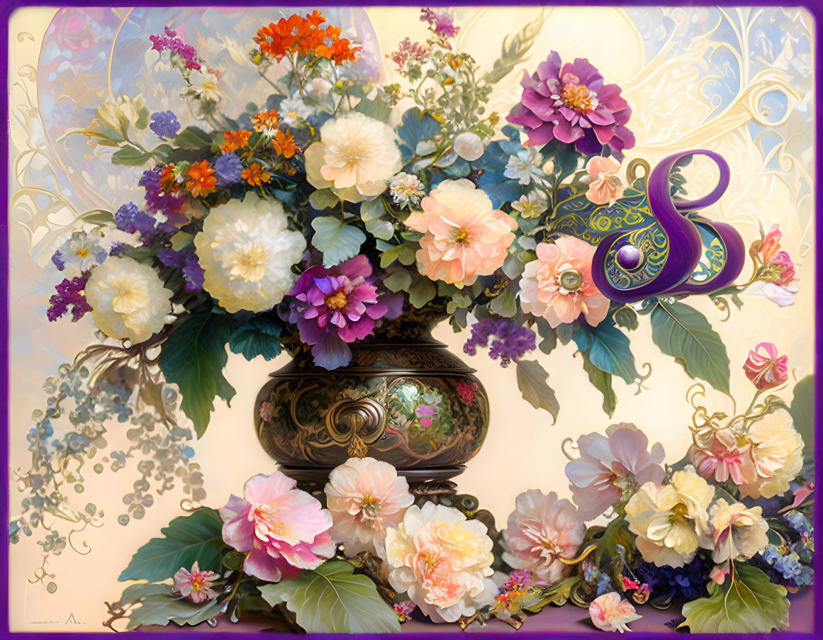 Colorful Flower Arrangement in Ornate Vase on Softly Illuminated Background