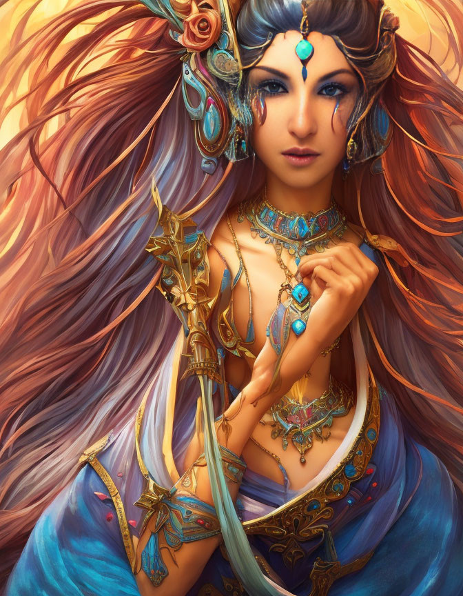 Illustrated fantasy female character with flowing brown hair, ornate gold and blue jewelry, and detailed armor