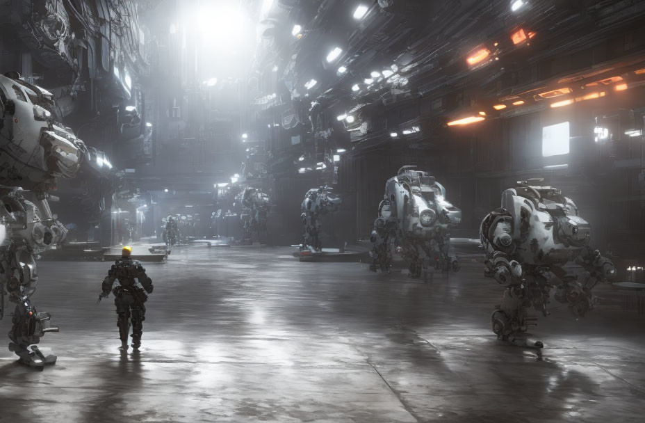 Futuristic hangar with large bipedal mechs in dark industrial setting