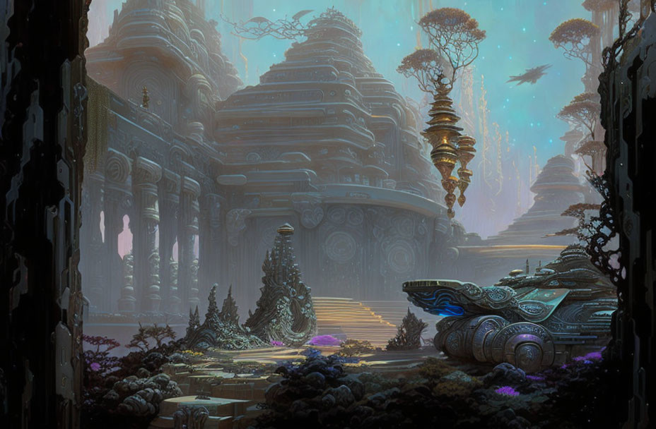 Mystical futuristic landscape with alien structures and advanced vehicle