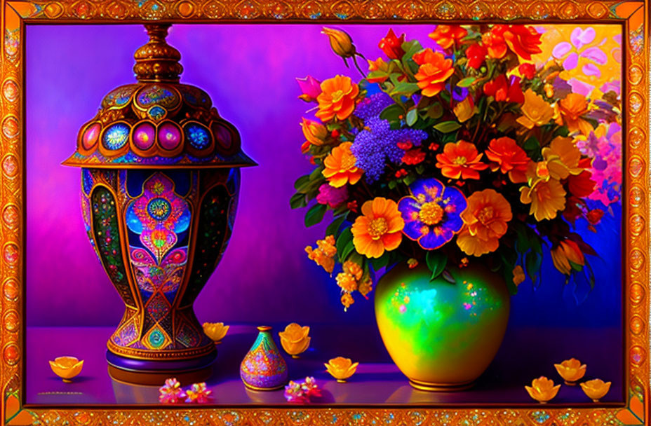 Colorful still life with lantern, flowers, and bowls on purple background