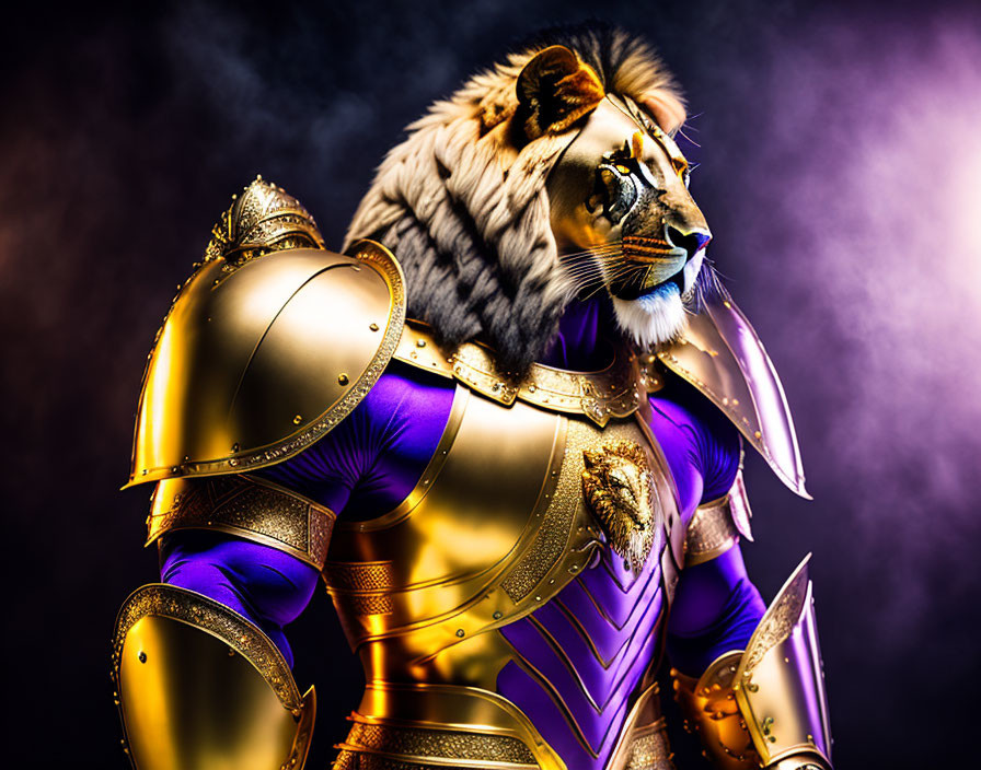 Majestic anthropomorphic lion in golden armor on purple background