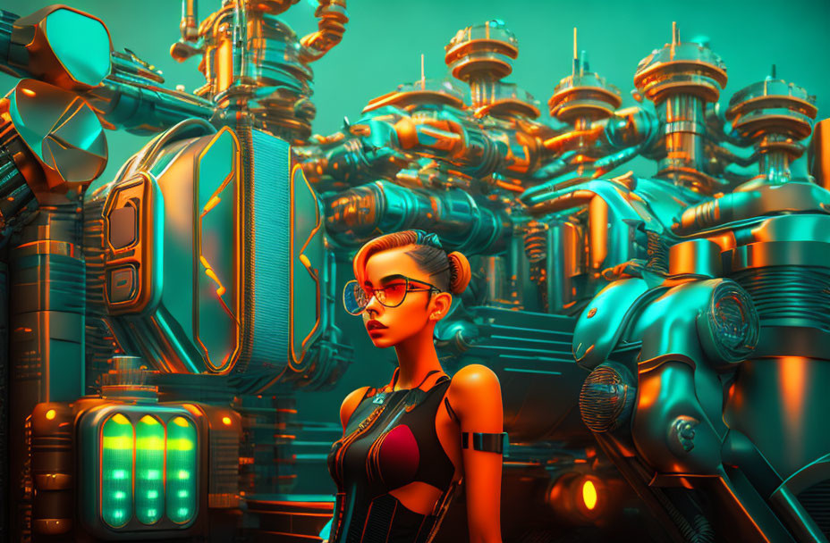 Futuristic cyberpunk cityscape with woman, robots, and neon lights