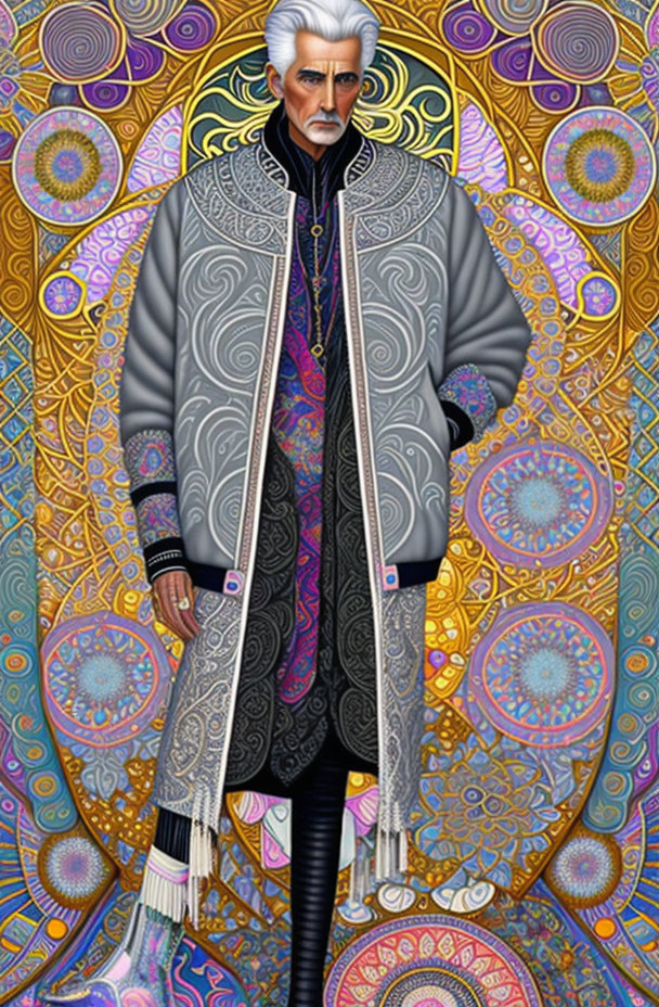 White-haired man in embroidered coat against psychedelic background