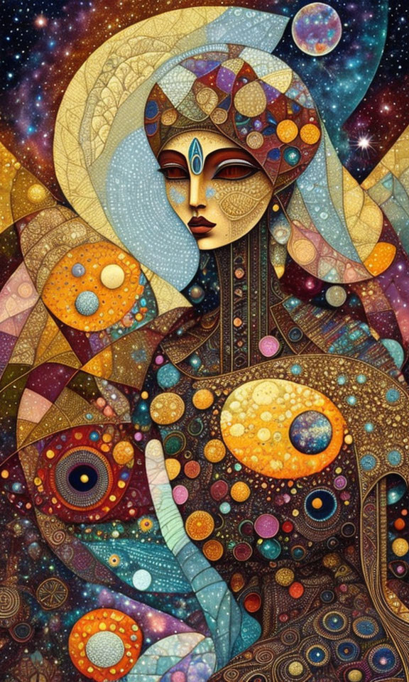 Vibrant cosmic artwork of stylized woman with celestial patterns