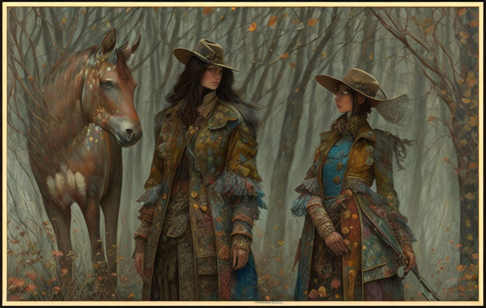 Two women in vintage attire with wide-brimmed hats by speckled horse in autumn forest