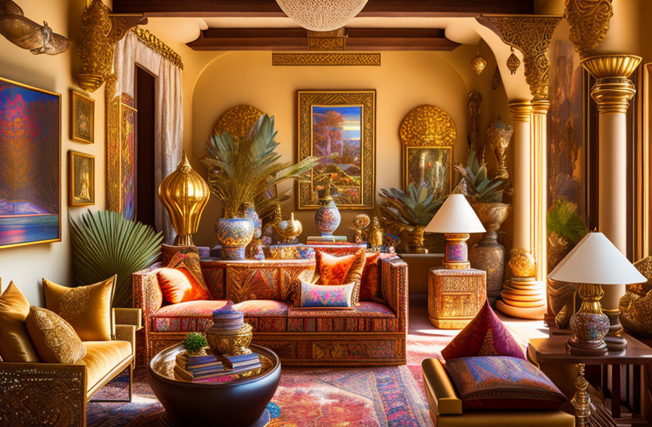 Luxurious ornate living room with warm tones and intricate patterns