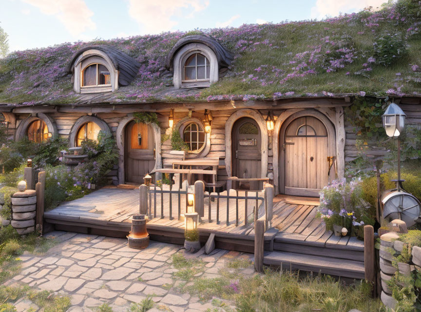 Quaint hobbit-style house in lush garden with blooming rooftop.