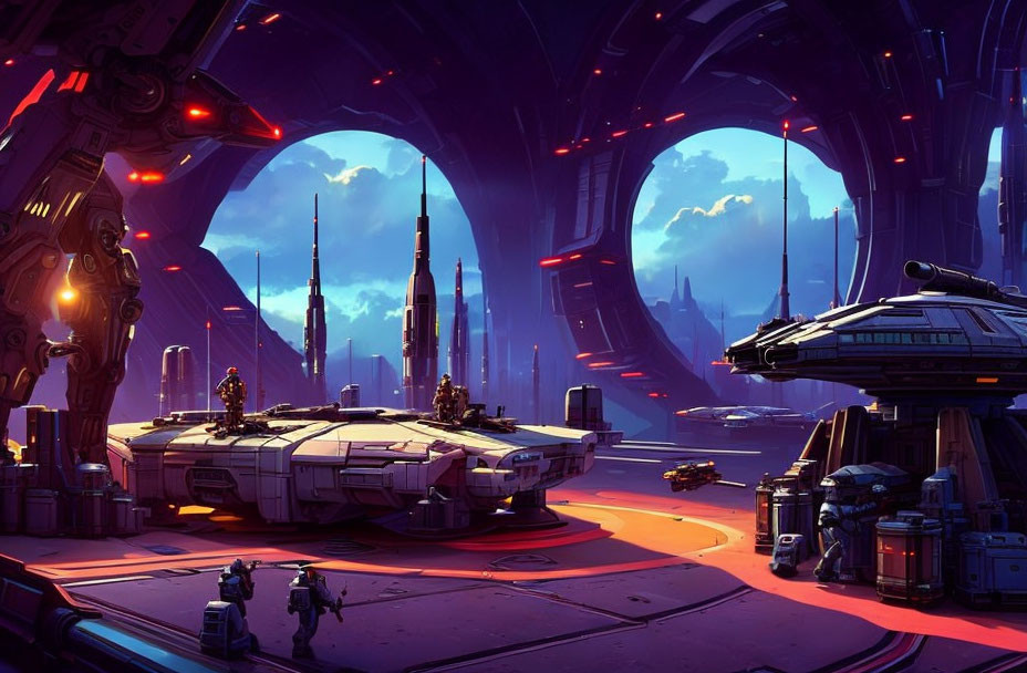 Futuristic spaceport with sleek spacecraft, towering cityscape, and radiant sunset sky