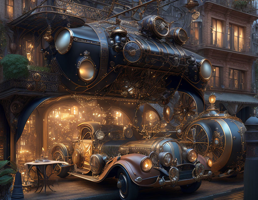 Steampunk-inspired vintage car and locomotive with brass details in industrial urban setting