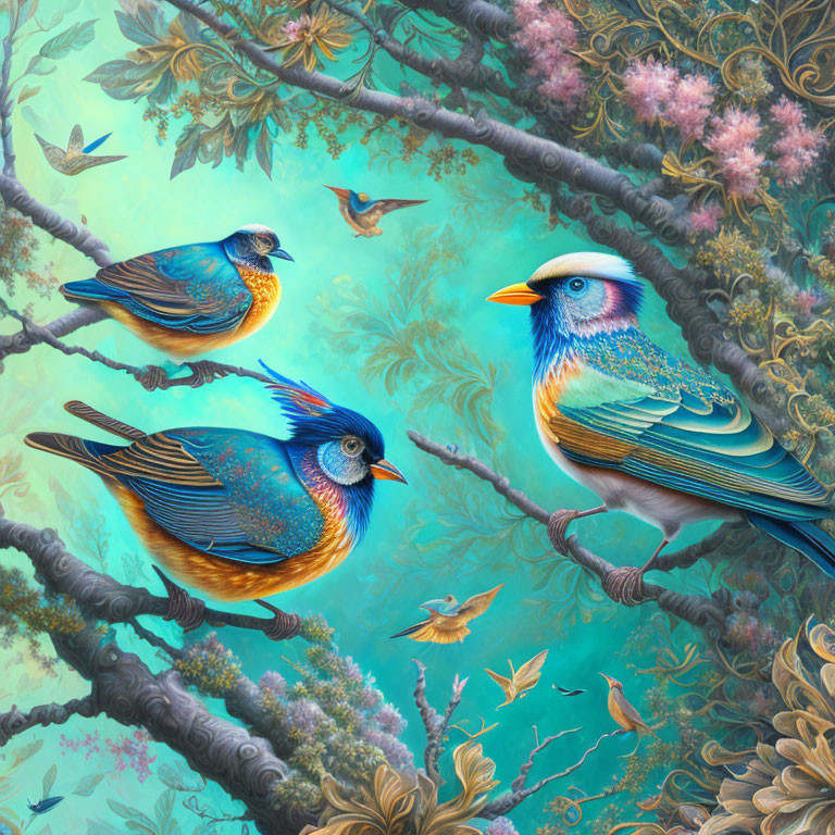 Colorful Birds Perched on Blossoming Tree Branches