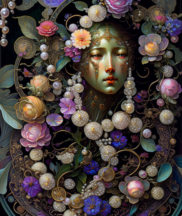 Detailed digital painting of a woman with flowers, pearls, and jewelry on dark background