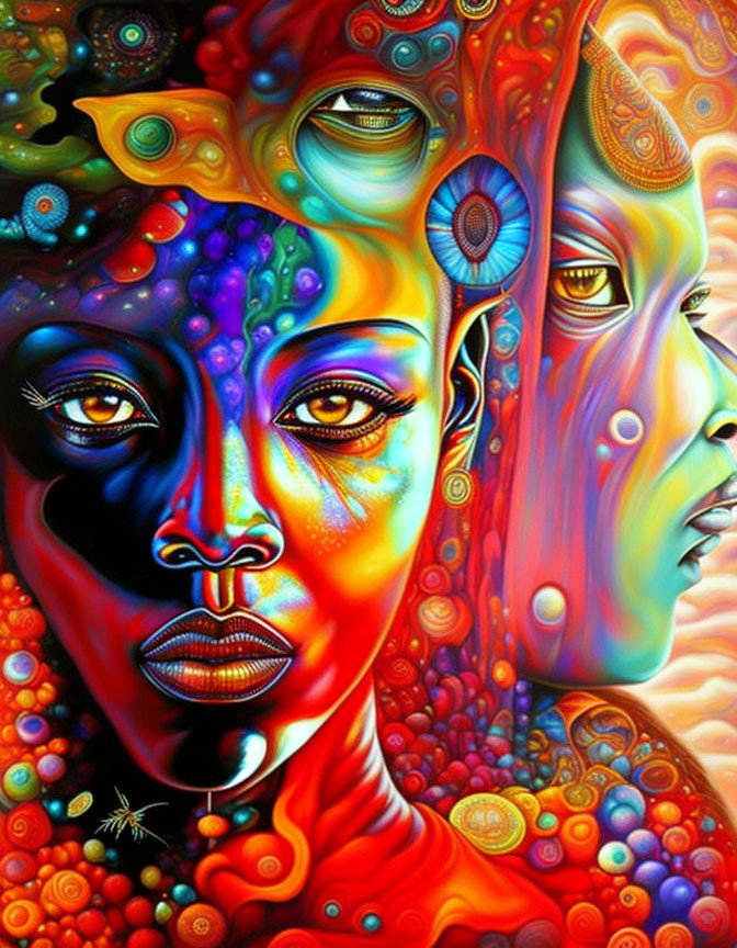 Colorful Psychedelic Artwork Featuring Two Faces with Multiple Eyes