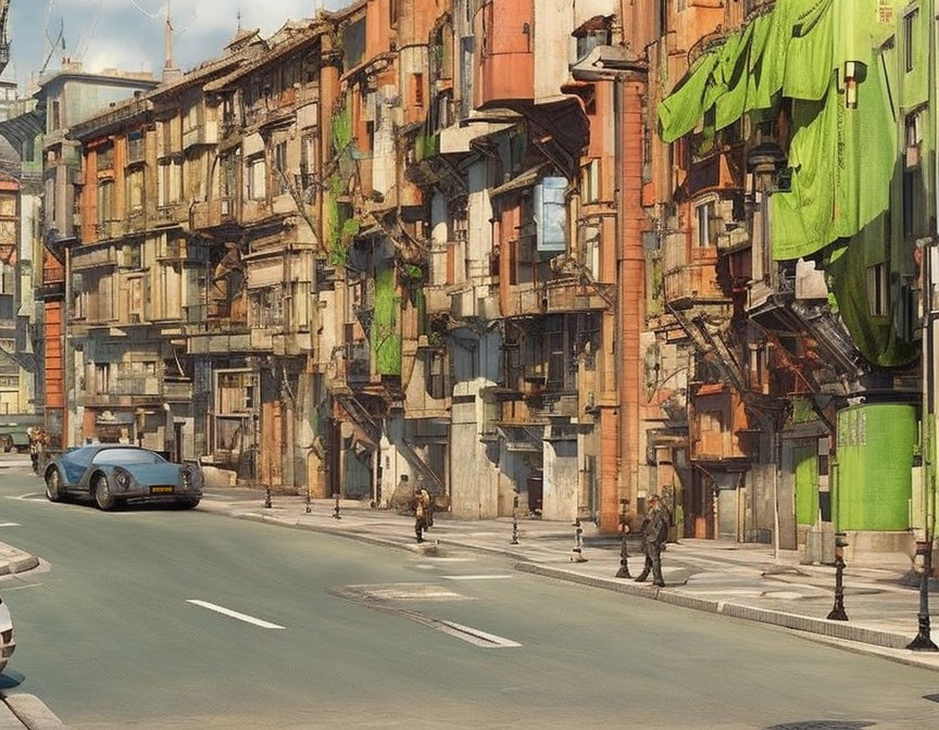 Busy city street with colorful buildings, pedestrians, and vintage car.