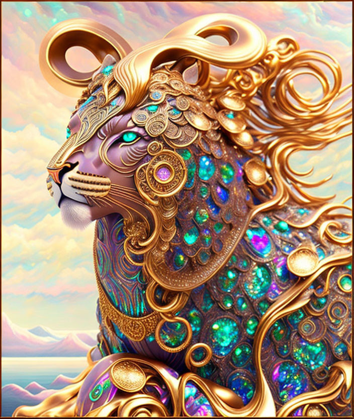 Majestic lion with golden mane in surreal landscape