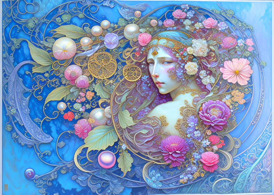 Ethereal painting of woman's profile with ornate floral motifs on celestial blue background