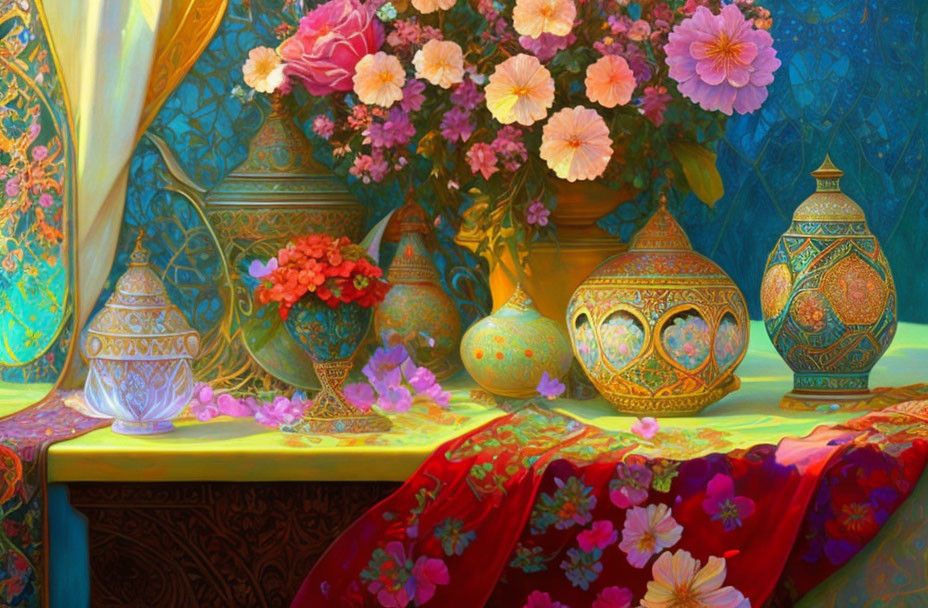 Colorful Still Life Scene with Vases, Flowers, and Textiles