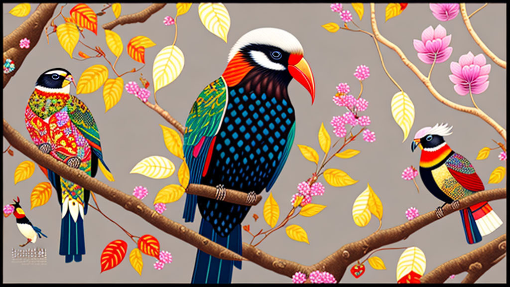 Colorful stylized birds on branches with pink flowers and leaves against grey background.