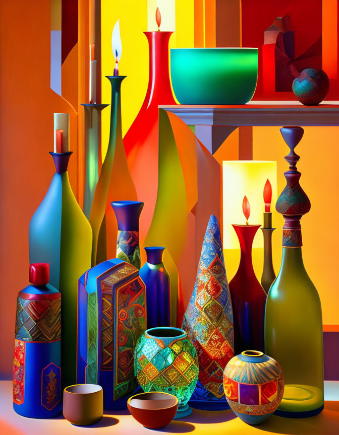 Colorful geometric-patterned vases and candlesticks in vibrant still life painting