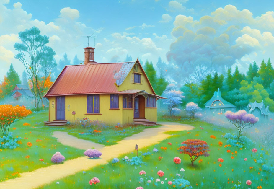 Colorful Illustration of Yellow Cottage in Lush Garden