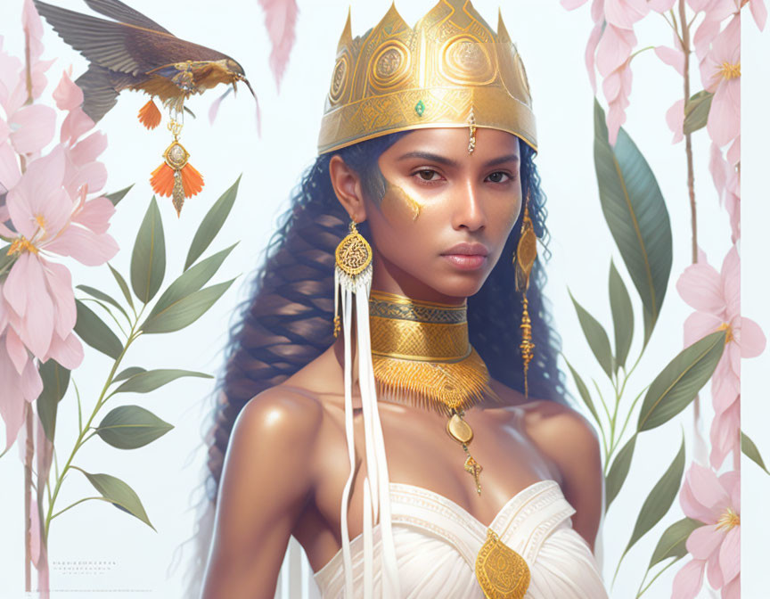 Regal woman with golden crown, raven, and pink flowers