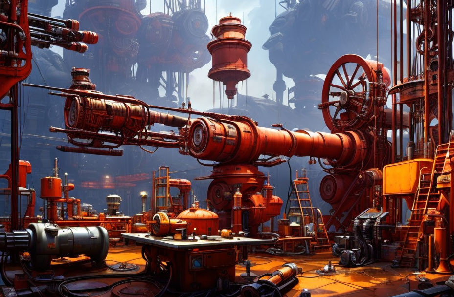 Detailed image of futuristic industrial setting with large machines and gears in warm tones.