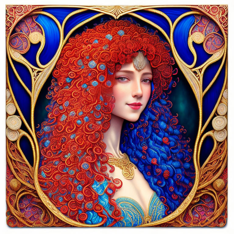 Detailed artwork of woman with curly red hair in gold decorations on blue background.