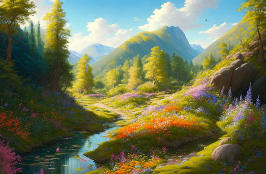 Colorful Landscape Painting with River, Meadows, and Hills