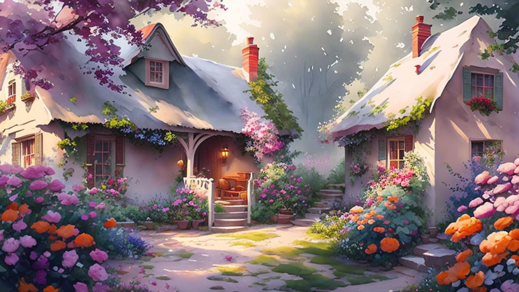 Cozy cottage surrounded by flowers in sunlit forest