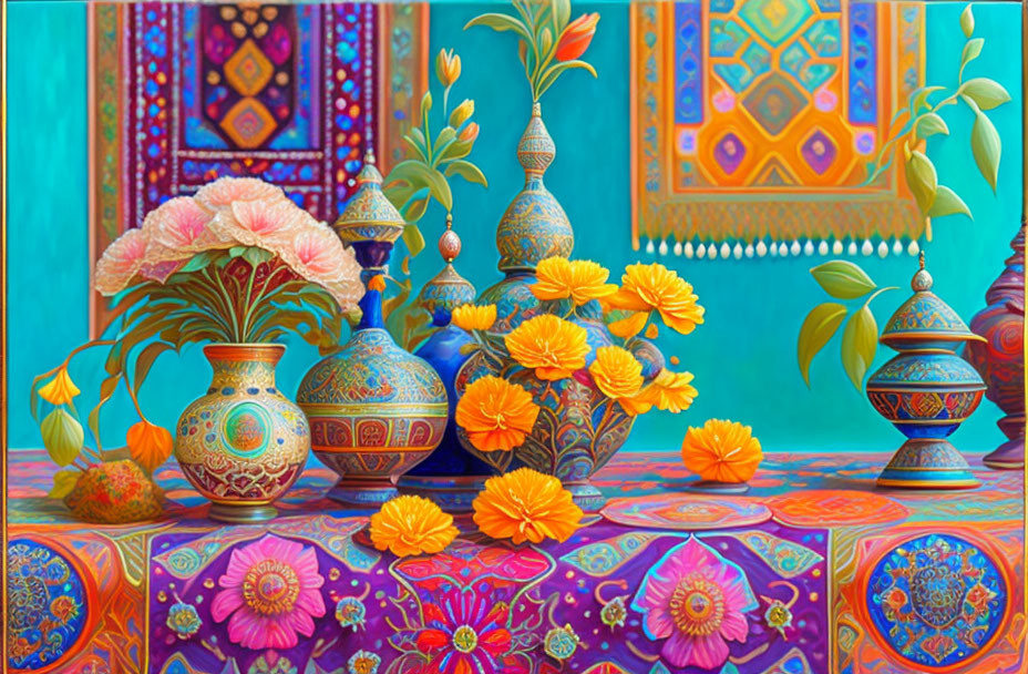 Colorful still-life painting with patterned vases and orange flowers on tapestry backdrop