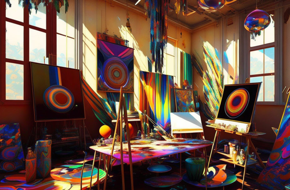 Colorful Abstract Paintings in Sunlit Art Studio