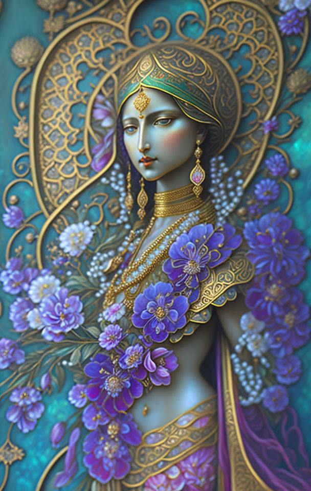 Ethereal woman in gold jewelry and purple florals on ornate teal backdrop