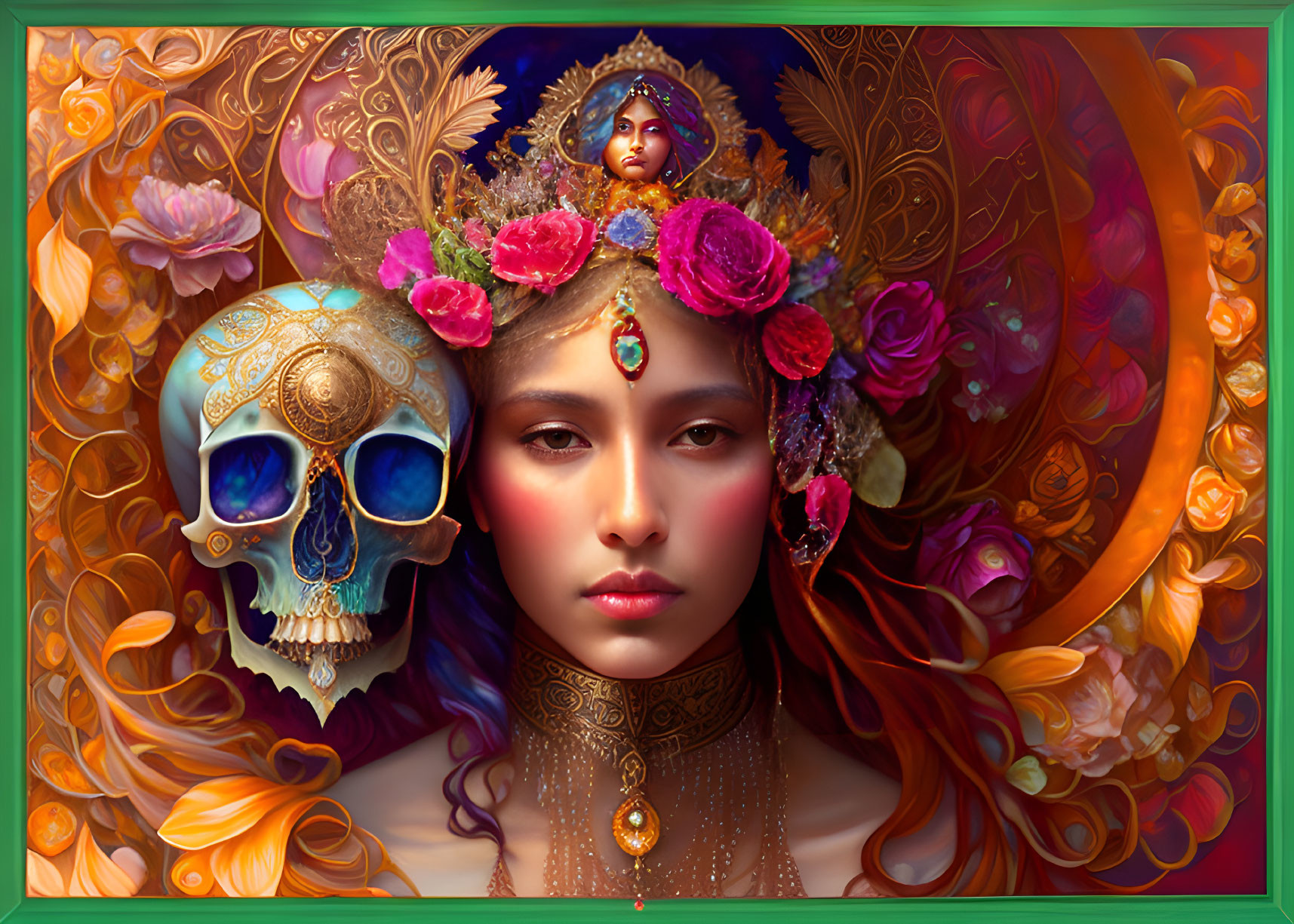 Colorful artwork: Woman with floral headdress and painted skull in autumnal setting